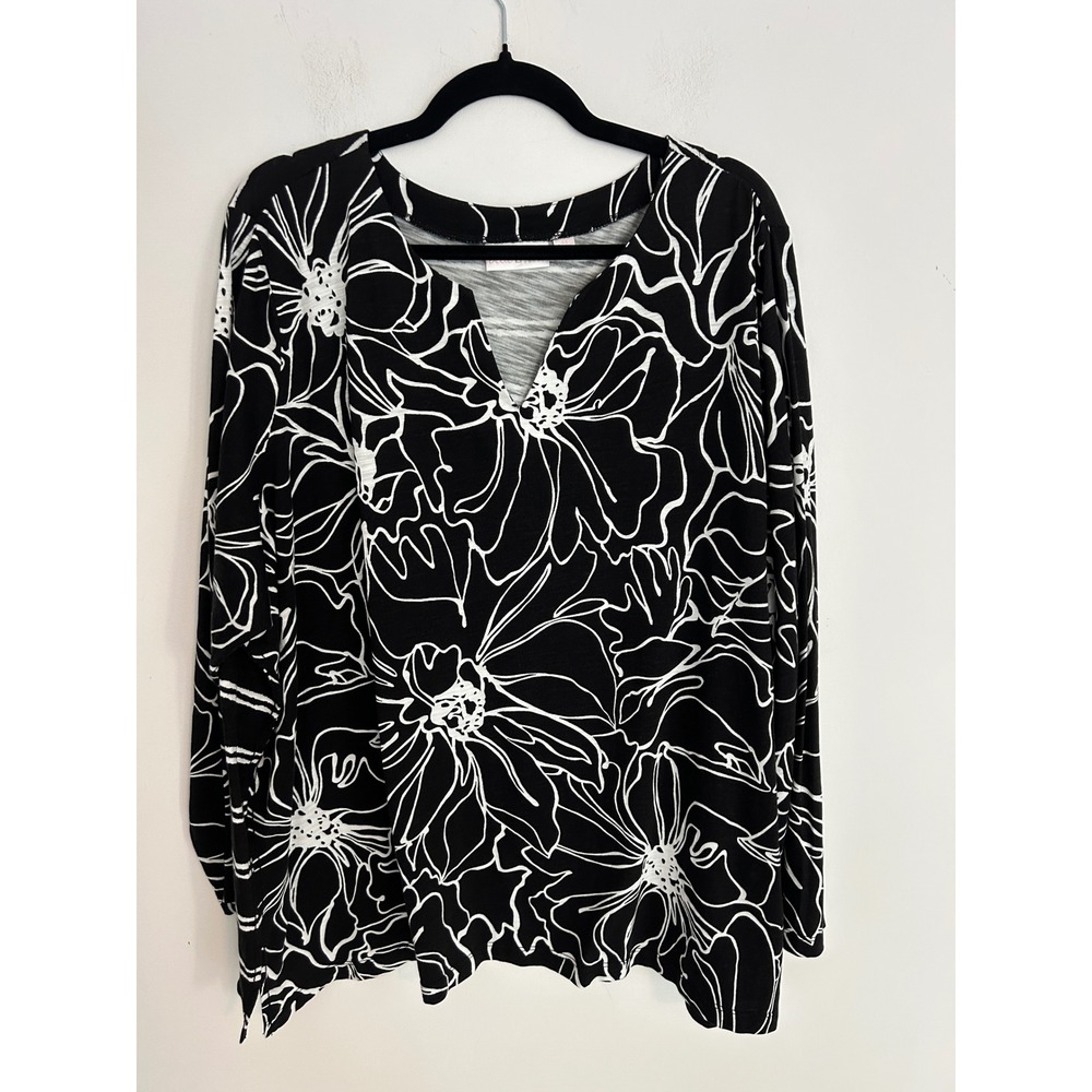 Belle by Kim‎ Gravel Women 4X Black White Floral Stripe Long Sleeve Tunic Top